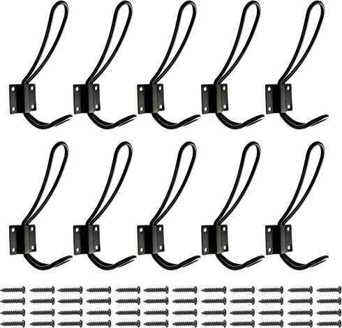 Rustic Entryway Hooks | 10 Pack of Black Wall Mounted Vintage Double Coat Hangers with Large Metal Screws Included...