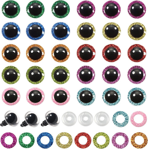 TOAOB 120pcs Glitter Plastic Safety Eyes 10mm Crafts Doll Eyes 10 Colors Half Round Craft Crochet Eyes with Washers for Stuffed Animals Amigurumis...