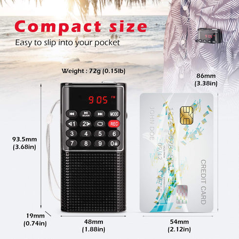 Mini Pocket FM Walkman Radio Portable Battery Radio with Recorder, Lock Key, SD Card Player, Rechargeable Battery Operated, by PRUNUS(NO AM)...