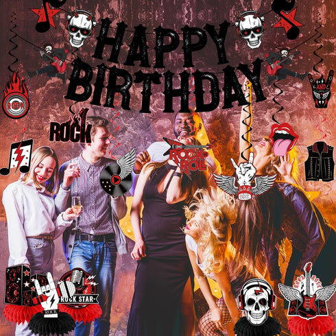 LARRAZABAL Rock and Roll Birthday Party Decorations Music Themed Party Decorations Include Happy Birthday Banner Hanging Swirls and Honeycomb Cent...