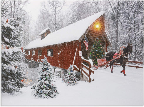 BANBERRY DESIGNS Lighted Christmas Wall Art - LED Red Covered Bridge and Horse Christmas Picture - Fiber Optic Lights in a Canvas Print with a Win...