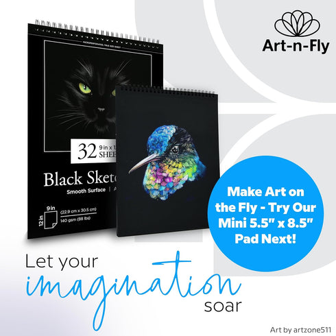 Art-N-Fly Black Sketch Pad Mini 5.5x8.5" 2 Pack - Black Paper Sketchbook for Drawings, Perforated Edge on Spiral 100 Sheets Total - Art Sketch Boo...