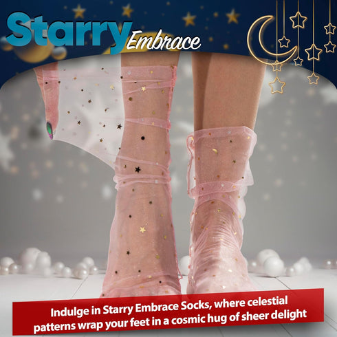 Pink Lace Bloom: Women Sheer Slouch Tulle Socks | Shiny Glitter Novelty Decorated Loose Socks with Stars & Moon - Ankle High 1 Pair (US sizes 5-8)...