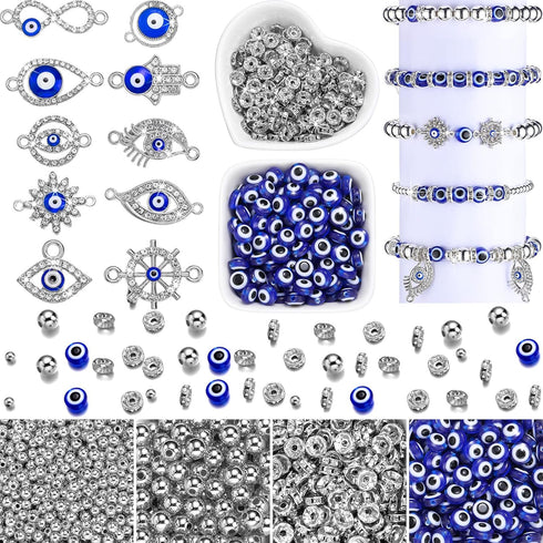 1450 Pcs Evil Eye Beads Set Eye Rhinestone Beads Kits Includes 200 Evil Eye Beads 20 Hand Evil Eye Charms 180 Rondelle Spacer Beads 800 4 mm and 2...