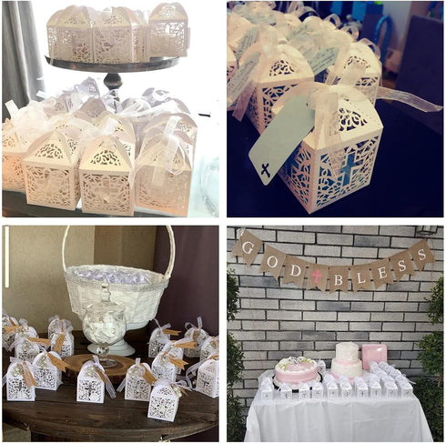 VIVIQUEN Baptism Favor Boxes, Laser Cut Cross Favor Boxes with 50 Ribbons for Baby Shower, Christening, Bomboniere Wedding Party Decorations (Pure...