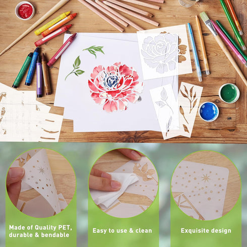 Flower Stencils for Painting Reusable - 10 Pieces Captivating Peony Sunflower Lotus Crafts Stencil for Wall Wood Window Holiday DIY Creative Partn...