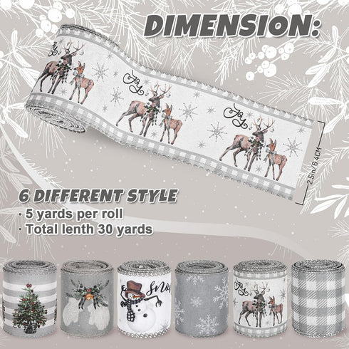 AnyDesign 6 Roll Christmas Wired Ribbon Farmhouse Rustic Craft Ribbon Grey Buffalo Plaid Snowman Snowflake Reindeer Xmas Tree Eucalyptus Gift Ribb...
