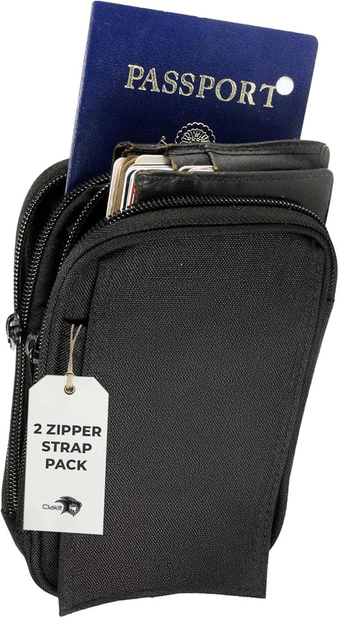 XL StrapPack Two Zipper Clip-On Pouch (Black), Travel Wallet, Backpack Pouch, Passport Holder...