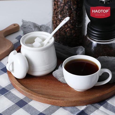 HAOTOP Porcelain Sugar Bowl, Ceramic Salt Bowl with Spoon and Lid for Home and Kitchen, 12 Ounces (White)...