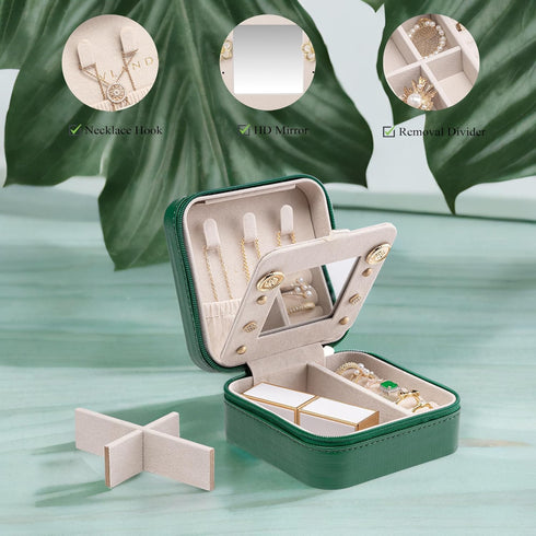 Vlando Small Travel Jewelry Box Organizer - Mirrored Jewelries Necklaces Rings Earrings Necklace Storage Case, Dark Green...