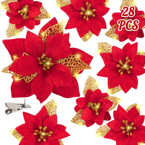 Geefuun 28PCS Christmas Tree Decorations: Poinsettias Artificial Flowers Ornaments Xmas Red Glitter Flower with Clips,3 Sizes Not Included Stems...