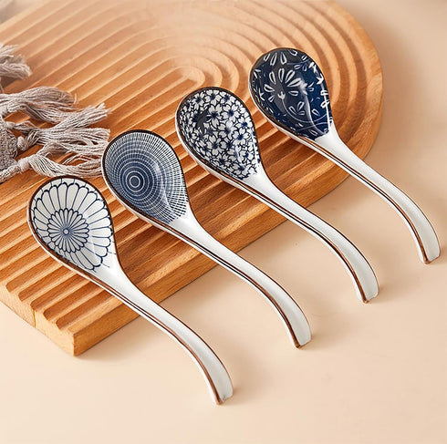Ceramic Soup Spoons Sets of 4,Asian Soup Spoons,Long Ramen spoons,Japanese soup spoons for Pho,Wonton,Noodles,Chinese Ceramic Rice Spoons,4Pcs...