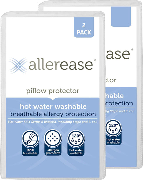 AllerEase Hot Water Wash Breathable Advanced Protection Machine Washable Durable Zippered Pillow Protector, Standard/Queen Size 2 Pack, White...