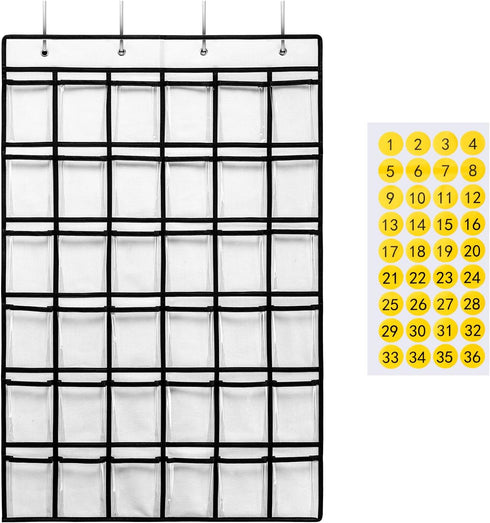 36 Clear Pockets Classroom Pocket Chart for Cell Phones, Pocket Chart for Calculator Phone Holder with 36 Number Stickers and Hooks (White)...
