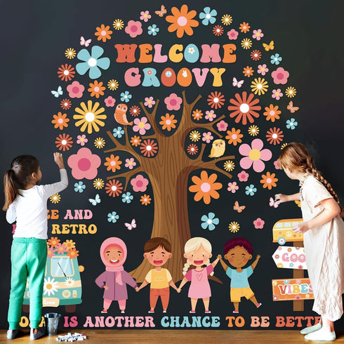 115Pcs Groovy Classroom Tree Bulletin Board Decorations Set Motivational Welcome Accents Tree Wall Bulletin Decor Boho Daisy Owls Cut-Outs for Bac...