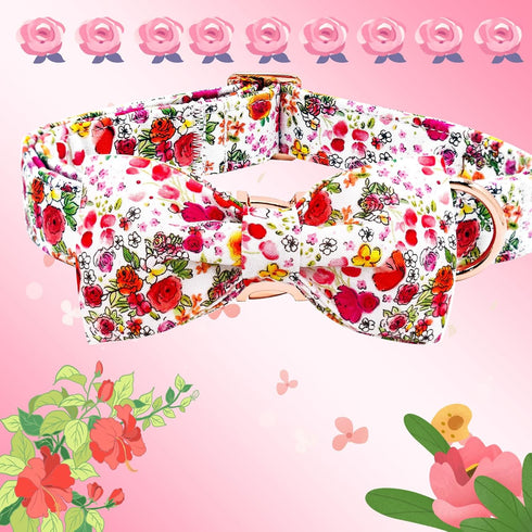 Elegant little tail Dog Collar, Pink Rose Print Pet Collar Summer Dog Collar Durable Metal Buckle Dog Collars Cotton Pet Adjustable Dog Collars fo...