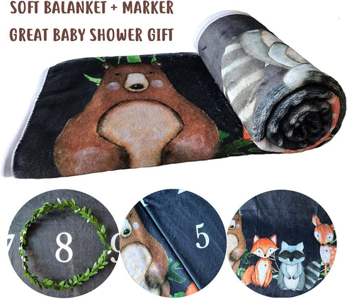 Woodland Baby Monthly Milestone Fleece Blanket, Black, 50x40, Includes Marker...