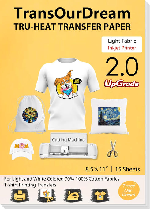 TransOurDream Upgraded Iron on Heat Transfer Paper for T Shirts (8.5x11'', 15 Sheets) Iron-on Transfers Paper for Light Fabric Printable Heat Tran...