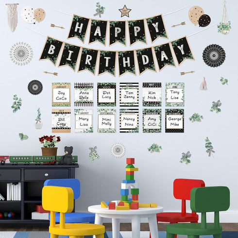48 Pcs Classroom Happy Birthday Bulletin Board Sets Decorations, Eucalyptus Greenery Plant Birthday Classroom Decor, Nature Birthday Chart Poster ...