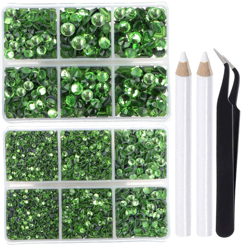 LPBeads 6400 Pieces Hotfix Rhinestones Peridot Flat Back 5 Mixed Sizes Crystal Round Glass Gems with Tweezers and Picking Rhinestones Pen...