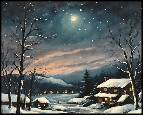 Posterizer 1 pcs-old farm house in snowy winter nature-in oil painting style-14-Landscape & Nature Art-GIft for Men Women Teens-Dining Room Decor-...