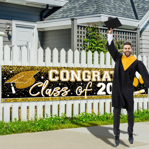 2025 Graduation Decorations Gold Class of 2025 Banner Large Congrats Grad Graduation 2025 Yard Signs for Graduate Party Supplies (Gold)...