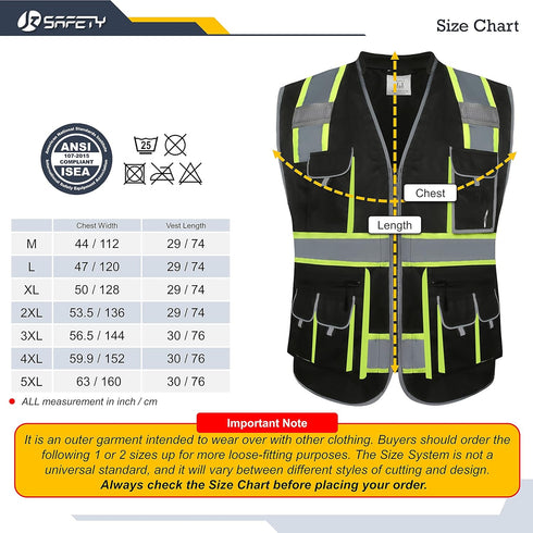 JKSafety 10 Pockets Hi-Vis Zipper Front Black Safety Vest | Cushioned Collar | High Reflective Tapes with Extended Neon Yellow Strips | Meets ANSI...