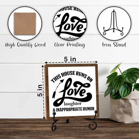 Home Decor Wood Sign, This House Runs On Love Laughter Wood Sign, 5x5IN Wooden Sign Comes With Iron Stand, Perfect For Home Kitchen Tabletop Desk ...