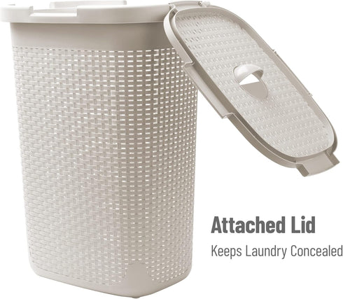 Mind Reader Slim Laundry Hamper with Lid, 60L Clothes Basket, Wicker Design, Plastic, 17.65"L x 13.75"W x 24.15"H, Ivory...