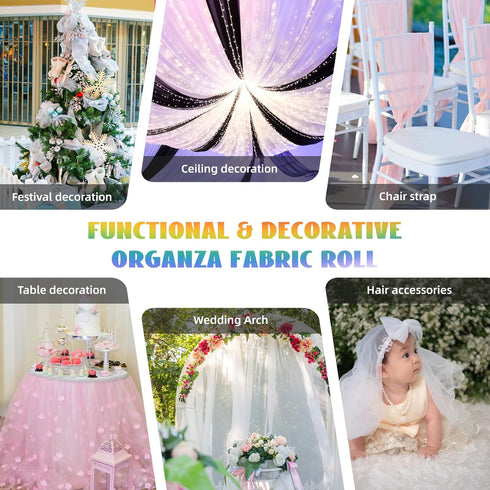 Crystal Organza Fabric Tulle 11 Inch by 50 Yards Sheer Tulle Rolls for DIY Craft Wedding Party Baby Shower Decor Gift Wrapping Party Supplies (Fan...