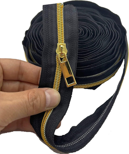 #5 Black Zipper Tape by The Yard Nylon Zippers for Sweing Gold Teeth 10 Yard with 20pcs Zipper Pulls for Bags and Purses Handback Craft Making...