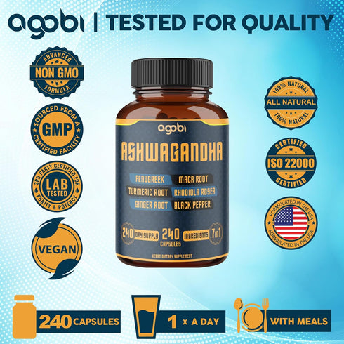 240 Capsules - 8 Month Supply - 7in1 Ashwagandha 8050mg - Combined with Fenugreek, Maca, Turmeric, Rhodiola, Ginger, and Black Pepper - Mood, Stre...