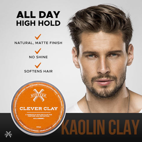 Clever Clay - Natural Finish Styling Hair Clay for Men - All Hair Types - Reworkable All Day Hold- Cruelty Free- Paraben & Sulphate Free, 3.4 oz...