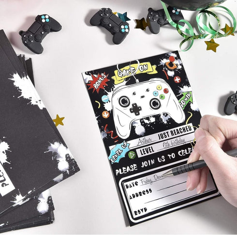 WERNNSAI Watercolor Video Game Party Invites - 20 Set Fill-in Invitations with Envelopes for Boys Game Theme Birthday Party Supplies Double-Sided ...