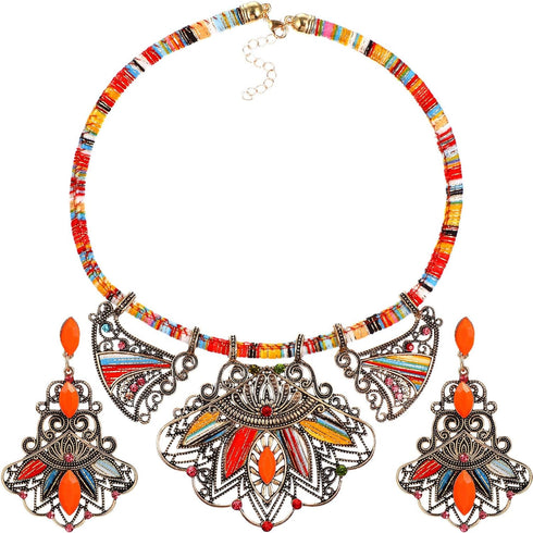 Bohemian Jewelry Set for Women - Colorful Resin Bib Necklace and Earrings, Ethnic Style Statement Jewelry for Weddings, Parties, and Everyday Wear...