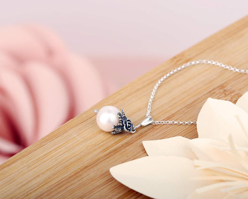 Paz Creations 925 Sterling Silver Pearl Pendant Necklace with Round Ball-Shape White Freshwater Pearl and Handcrafted Floral Cap - Natural Elegant...