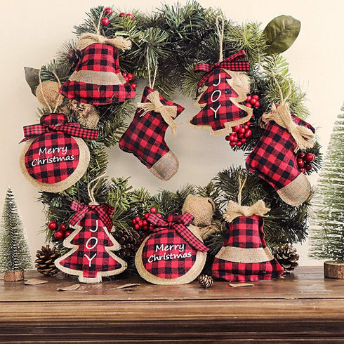 Ivenf Christmas Decorations Indoor Tree Ornaments, 8pcs Red Black Buffalo Plaid Burlap Farmhouse Xmas Ornaments, Tree Ball Bell Stocking Shaped Ru...
