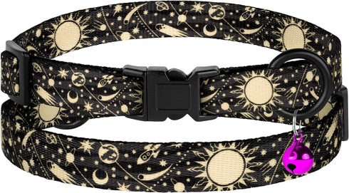 4PCS Breakaway Cat Collars with Bell, Cute Kitty Adjustable Safe Kitten Collars, 4-Pack, Nylon Pet Collars Space Mushrooms Shark Birds Print (Natu...