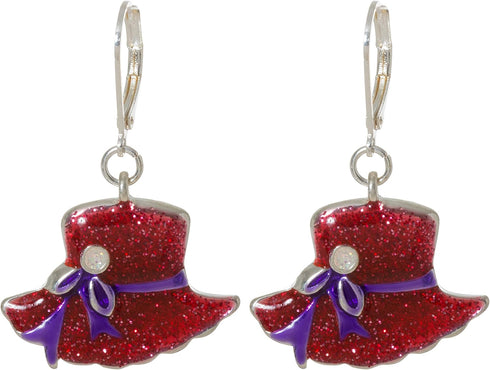 Artisan Owl - Glittering Red Hat Society Dangling Earrings and Brooch Pendant Pin Set...
