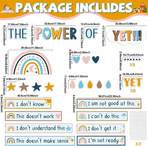 Boho The Power of Yet Classroom Bulletin Board Decoration Rainbow Motivational Growth Mindset Cutouts Boho Rainbow Inspirational Wall Decor for El...