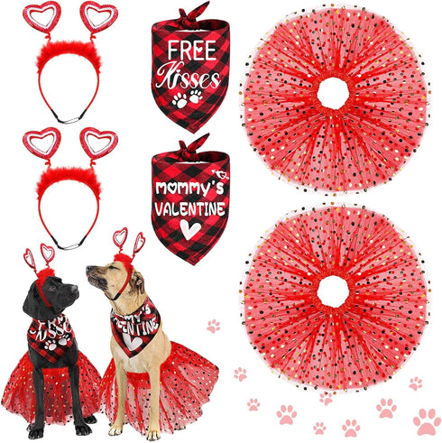 6 Pcs Valentines Day Dog Costume Set Including 2 Pcs Red Heart Headband 2 Pcs Buffalo Plaid Pet Bandana 2 Pcs Red Tutu Skirt, Cupid Headband Dog T...