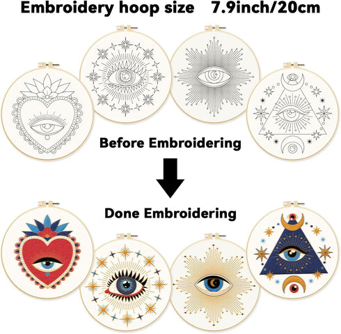 4 Pcs Evil Eye Embroidery Starters Kit for Beginners with Pattern and Instructions, Beginners Embroidery Stitch Practice kit Include Embroidery Cl...