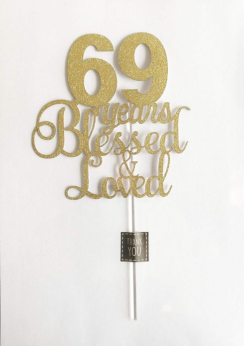 ALPHA K 69th Birthday/Anniversary Cake Topper – 69 Years Blessed & Loved Cake Topper with Gold Glitter...