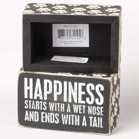 Primitives by Kathy 31145 Paw Print-Trimmed Box Sign, 4 x 2.5-Inches, Happiness Starts with A Wet Nose...