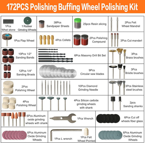 172PCS 1/8-inch Shank Power Rotary Tool Accessories Kit- Includes Carving Bits, Drill Bits, Sanding Drums and Discs, Grinding Stones, Buffing Whee...