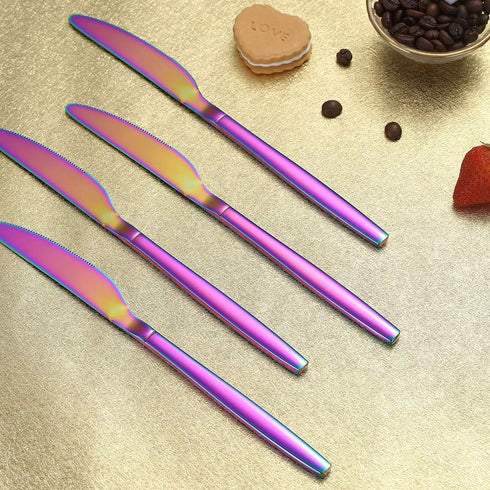 HOMQUEN Rainbow Dinner Knives 4 Pieces, Sturdy 9" Stainless Steel Modern Design Knife, Colorful Titanium Plating Knifes Set With Round Edge Dishwa...