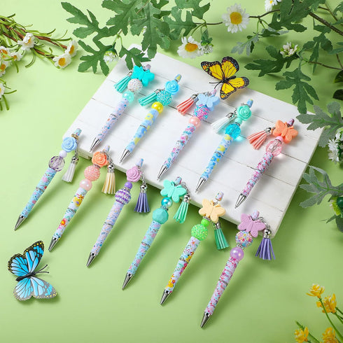 Teling 12 Pcs Beadable Pens Plastic Black Ink Ballpoint Pen with Assorted Spacer Beads Silicone Beads and Tassels and 12 Pcs Lobster Clasps for Of...