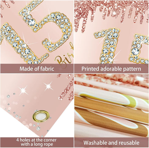 Happy 15th Birthday Banner Backdrop Decorations for Girls, Rose Gold 15 Birthday Party Sign Supplies, Pink 15 Year Old Birthday Poster Background ...