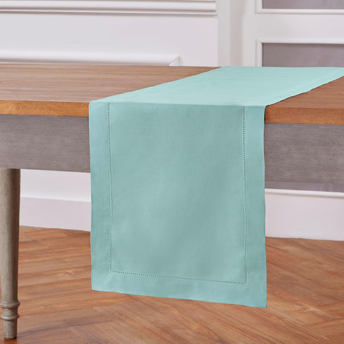 Solino Home Pastel Turquoise Table Runner 60 Inches Long – Cotton Linen Hemstitch Summer Table Runner 14 x 60 Inch – Machine Washable Scarf Dining...