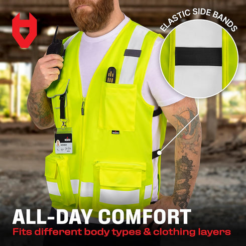 NoCry Premium Reflective Safety Vest for Men with Heavy Duty Stitching & Phone Pocket — ANSI Class 2 Safety Vest with Pockets — Ideal Neon Constru...